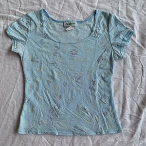 Vintage 90s/2000s Light Blue Mesh Cap Sleeve Baby Tee with Silver Sparkle Print